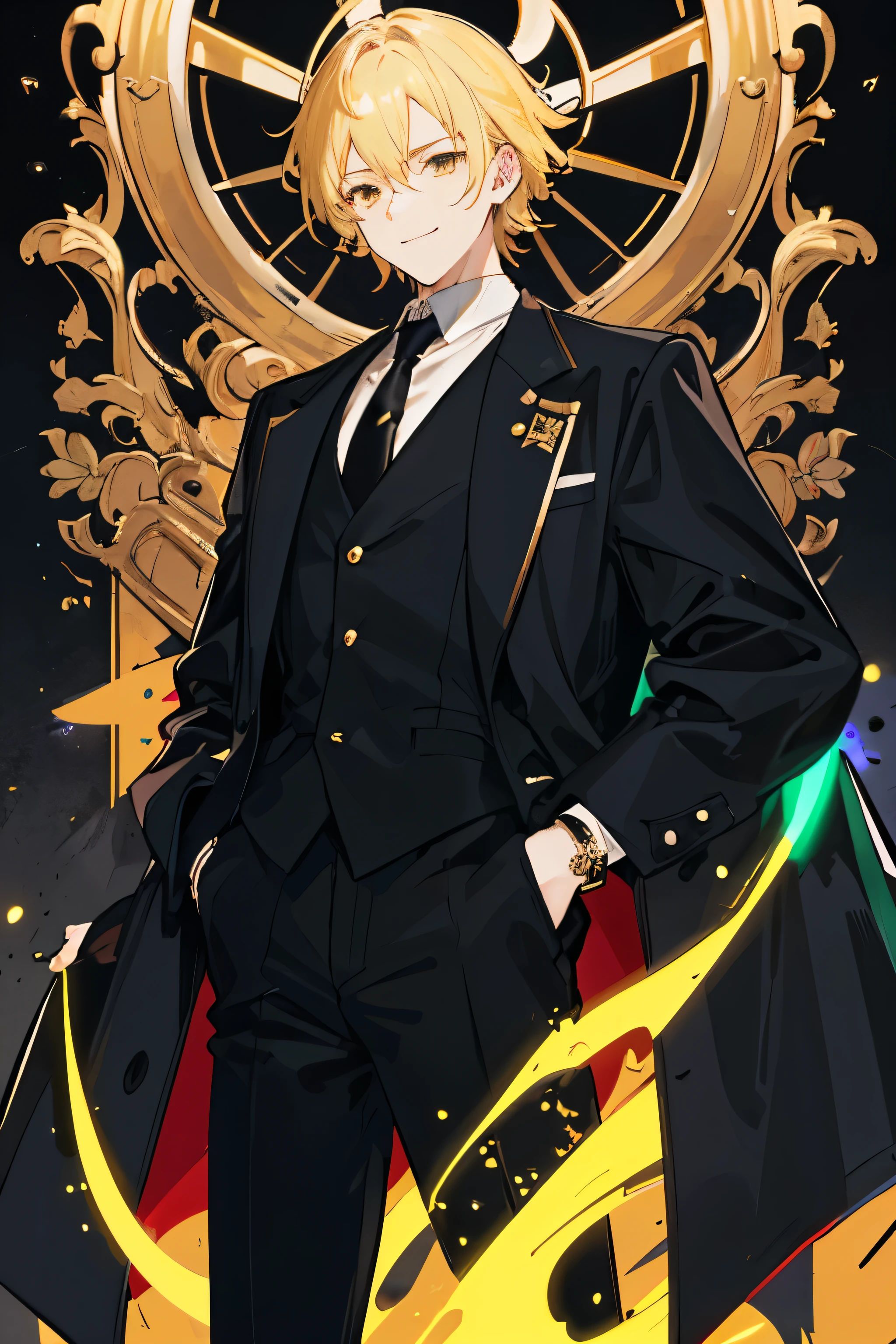 Handsome, anime, male, gold hair. gold eyes, crazy smile, manipulative, wearing black rings, detailed masterpiece, standing , ,wearing black trouser wearing black coat, black necktie, stylized, aesthetic, wearing suit, hands behind the back, night neon lights building