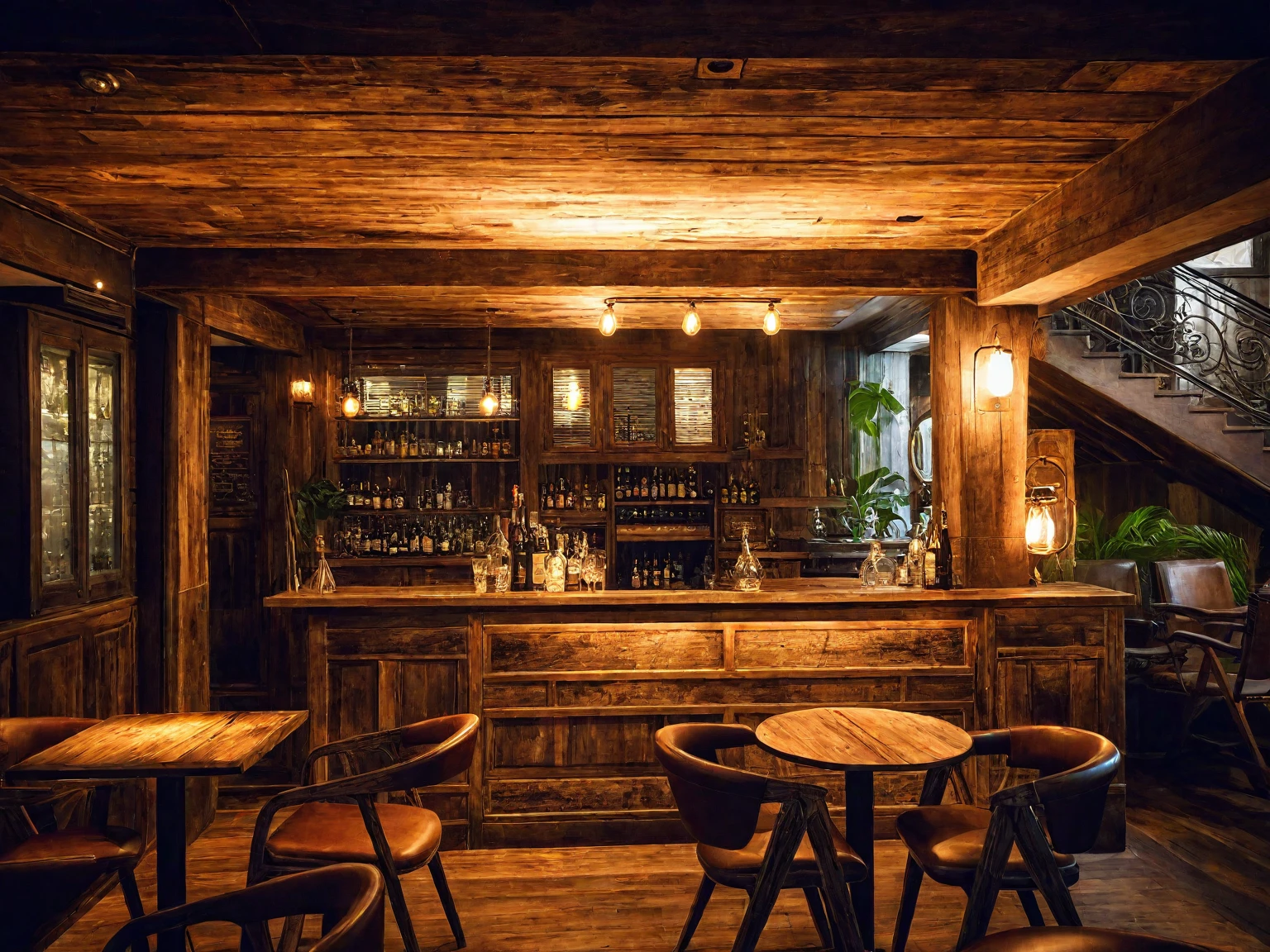 Luxury-style bar, rustic wooden furniture, antique pendant lights, dim lighting, cozy ambiance, aged wood, warm glow, vintage decor, intimate, nostalgic