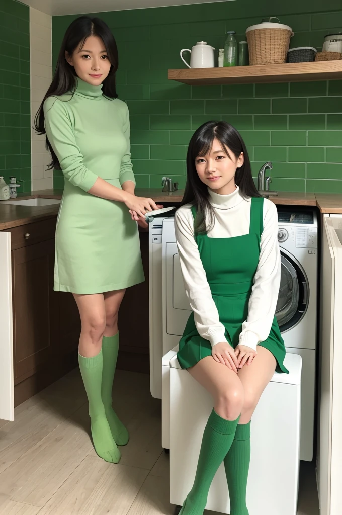 {{{long hair}}},{{{official style}}}
{{{adult}}},green dress,one-piece dress,turtleneck,green mini skirt,｛light green cropped jacket},green socks,loafers,wash basin,laundry,kitchen,sink,