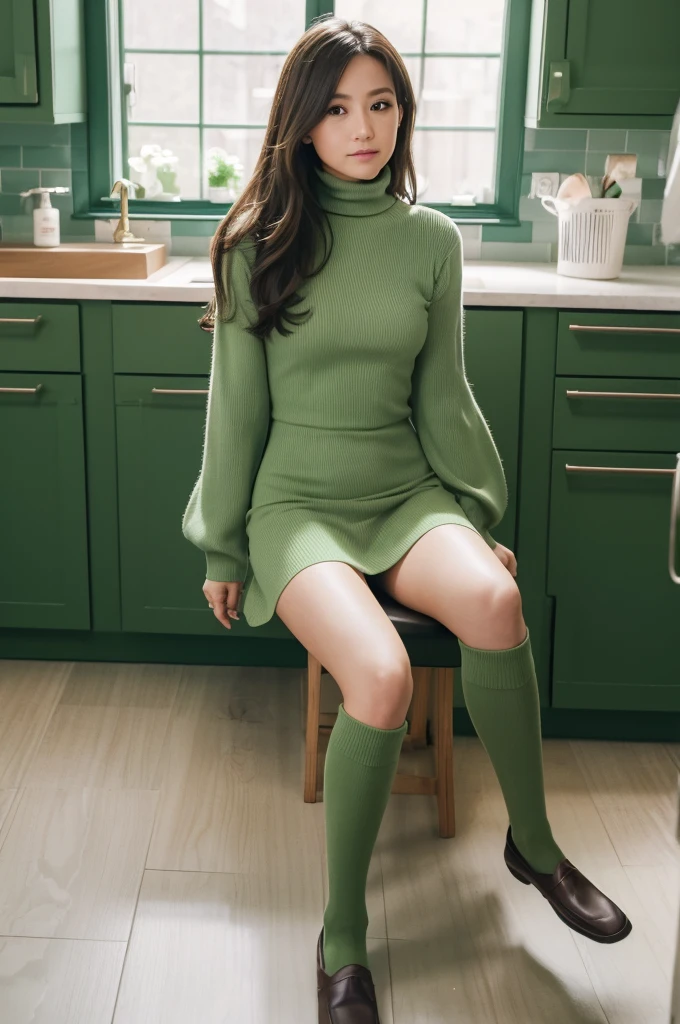 {{{long hair}}},{{{official style}}}
{{{adult}}},green dress,one-piece dress,turtleneck,green mini skirt,{light green cropped jacket},green socks,loafers,wash basin,laundry,kitchen,sink,