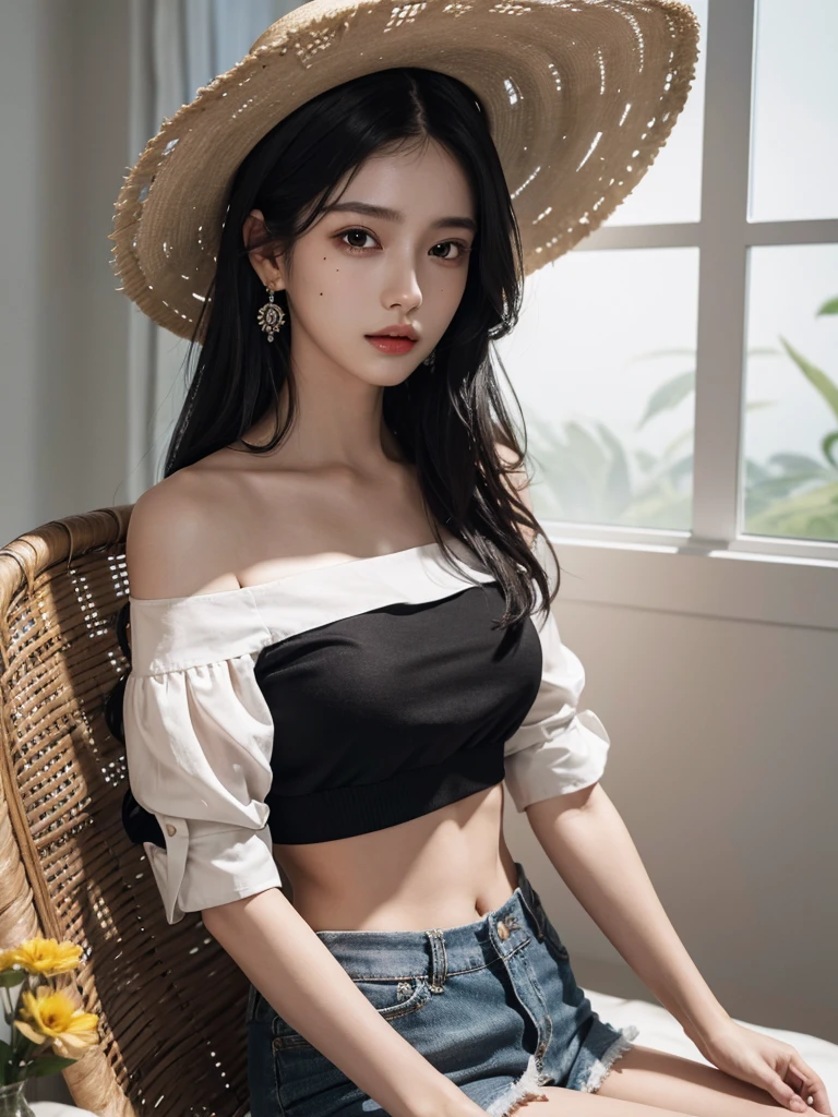 absurdres, RAW photo, extremely delicate and beautiful, masterpiece, Best Quality, ultra high resolution, 32k, hyperrealistic, ultra-detailed, perfect figure, Perfect Style, Perfect balance, in her 20s, very small head, very small face, delicate facial features, tearful mole, earring, very huge breasts, bare legs, full body shot, medium hair, black hair, colored inner hair, casual, blouse, white shirt, buttoned shirt, bare shoulders, collarbone, midriff, navel, shorts, straw hat,