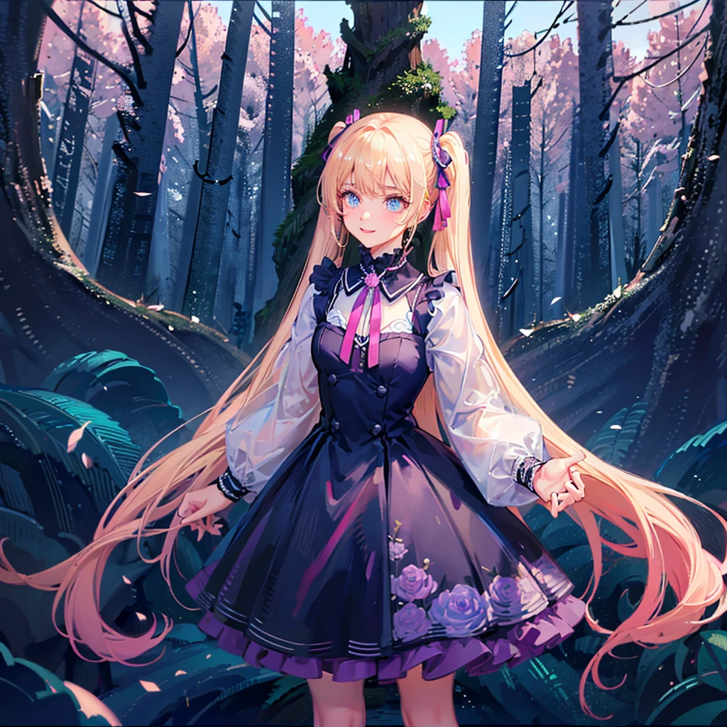 finely detailed beautiful girl, detailed 16k best quality, shiny hair, ultra-detailed beautiful shiny highlight clear eyes focus, Blushing、Blonde、Twin tails、Blue Eyes、laughing、Walking in the forest、Pink ribbon、