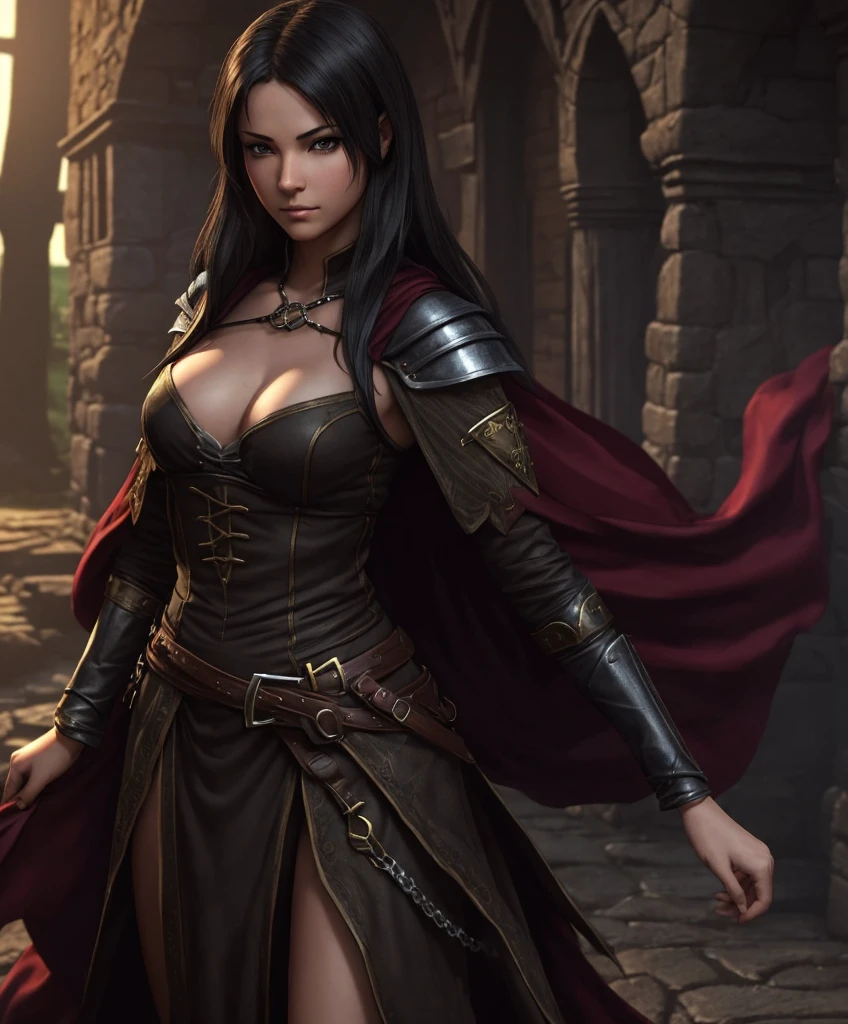 (((Single character image.))) (((1girl))) (((Dressed in medieval fantasy attire.))) (((Solo))) (((Generate a darkly sexy female character for a fantasy setting.))) (((Appears to be 20 years old with youthful looks.)))Generate a female character in a fantasy tropical setting.  She dresses in swashbuckler fashion, looks dangerous and sexy and seems like an ideal fantasy character.  best quality:1.0,hyperealistic:1.0,photorealistic:1.0,madly detailed CG unity 8k wallpaper:1.0,masterpiece:1.3,madly detailed photo:1.2, hyper-realistic lifelike texture:1.4, picture-perfect:1.0,8k, HQ,best quality:1.0, 