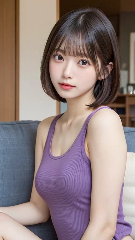 photorealistic, (((Sit on the sofa:1.3, indoor, Photographed from the front))), ((Medium Bob:1.3,Light purple tank top, 20-year-old Japan female, cute)), (clean, Natural Makeup), (Highest quality, masterpiece:1.3, 超High resolution), (Very detailedな, Caustics), (Realistic:1.4, RAW shooting), Very detailed, High resolution, 16K resolution, Beautiful breasts with D cups, perfectly trimmed fingers, Perfect Anatomy