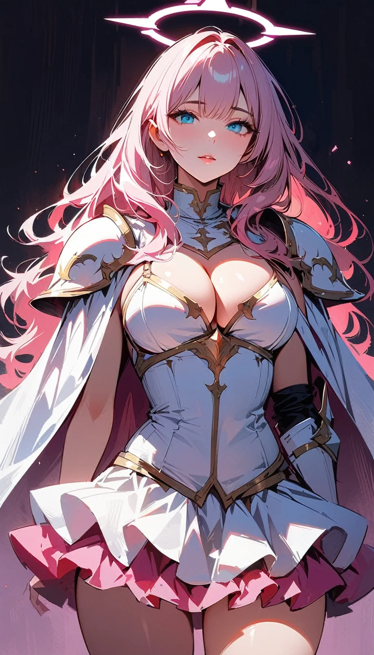 (high quality, 8k, 4K, high contrast, artwork:1.2, high quality, best aesthetics), (centered), ((1 woman)), erotic, sensual, sexy woman, mature body, super detailed, beautiful face detailed, beautiful eyes detailed, detailed beautiful mouth, perfect breats, perfect wide thighs, (light pink hair, long light pink hair, wavy light pink hair), (blue eyes), (white medieval armor with pink details), (pink ruffed skirt), (shoulder pads), (cleavage on breasts), (long white cape), (pink angel halo), (calm expression), (standing), (looking at the viewer)