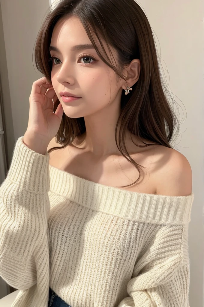 ((Highest quality)), ((masterpiece)), (detailed), One girl, Off-the-shoulder sweater, 