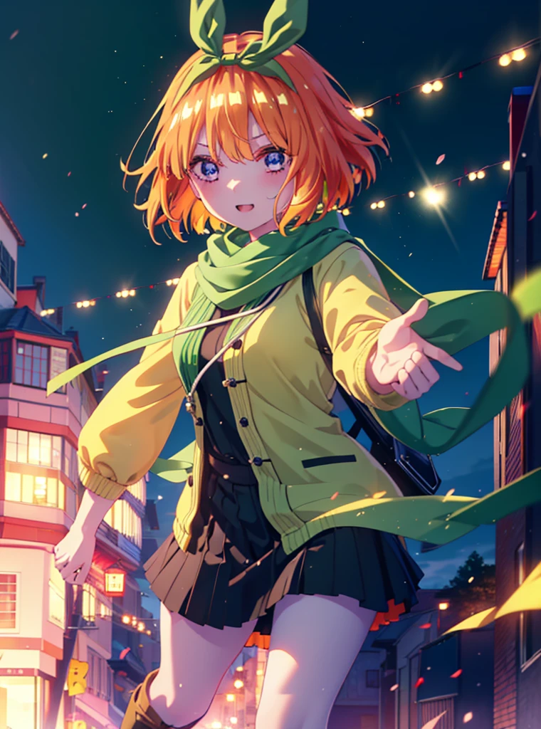 Yotsubanakano, Yotsuba Nakano, bangs, short hair, blue eyes, Hair between the eyes, hair ribbon, hair band, Orange Hair, (Green ribbon:1.5), smile,Green long coat,sweater,White scarf,Long skirt,Black pantyhose,short boots,It&#39;s snowing,Snow is piled up,Walking,whole bodyがイラストに入るように,night,
break ourdoors, In town,
break looking at viewer, whole body,
break (masterpiece:1.2), Highest quality, High resolution, unity 8k wallpaper, (figure:0.8), (Beautiful attention to detail:1.6), Highly detailed face, Perfect lighting, Highly detailed CG, (Perfect hands, Perfect Anatomy),