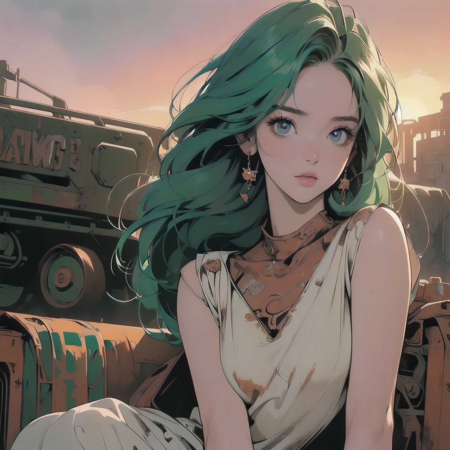 mechanical、Abandoned Factory、Atrium、((((Sunset)))、(((Rusty heavy equipment)))、(((Perfect Woman)))、Beautiful woman、Woman sitting、(((Detailed face)))、Detailed Hair、Flat Chest、White dress、(((The most beautiful face)))、(((Beauty)))、Faint lighting、highlight、Sparkling Eyer.々Angle、(((Cowboy Shot)))、Green hair color