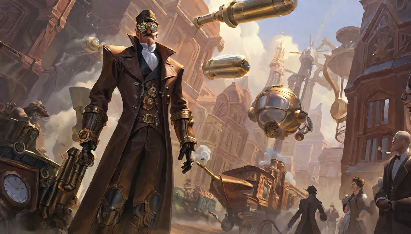 A breathtaking steampunk cityscape with towering buildings adorned with gears and steam pipes, airships floating in the sky, and a bustling street filled with people wearing Victorian-era attire with steampunk accessories. Include a central character wearing a leather coat, brass goggles, and mechanical arm, standing confidently with a backdrop of an industrial revolution.