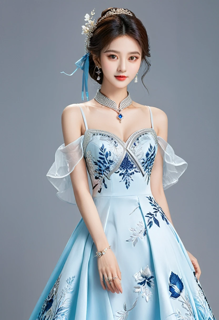 Realistic photo style, whole body 사진에 아름다운 아시아 소녀가 등장합니다., Wearing a unique ethnic style evening gown with delicate skin., bright and lively eyes, Thick eyelashes that look especially attractive. Long dresses are slim and elegant., Eye-catching silver jewelry and alcohol. The high-collar design adds an elegant atmosphere., Color of blue and white porcelain. using light and shadow, The vivid and harmonious appearance of the protagonist is highlighted... whole body, (masterpiece, best quality, professional, perfect composition, very aesthetic, absurd, very detailed, intricate details:1.3)