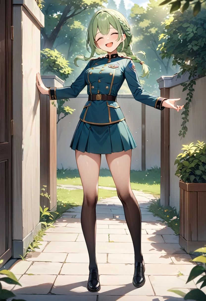 (masterpiece, top quality, very aesthetic, 4k、illustration), intricate detail, 1girl,Standing in front of a wall、(full body)、happy smile、Open mouth、closed eyes、(braid hair)、
Cute 、light green hair、,middle hair,sidelock ,,blue eyeilitary uniform、Tight skirt、,medium breasts、Slim 、