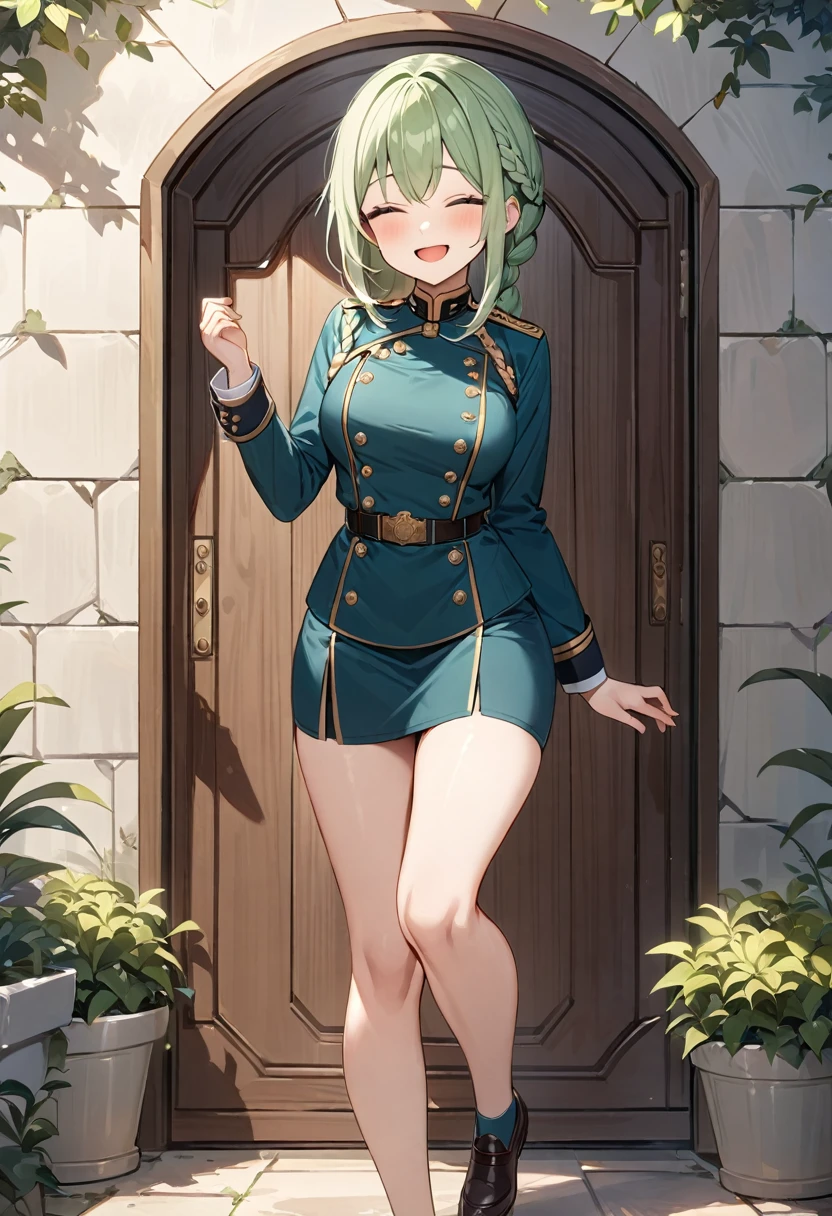 (masterpiece, top quality, very aesthetic, 4k、illustration), intricate detail, 1girl,Standing in front of a wall、(full body)、happy smile、Open mouth、closed eyes、(braid hair)、
Cute 、light green hair、,middle hair,sidelock ,,blue eyeilitary uniform、Tight skirt、,medium breasts、Slim 、