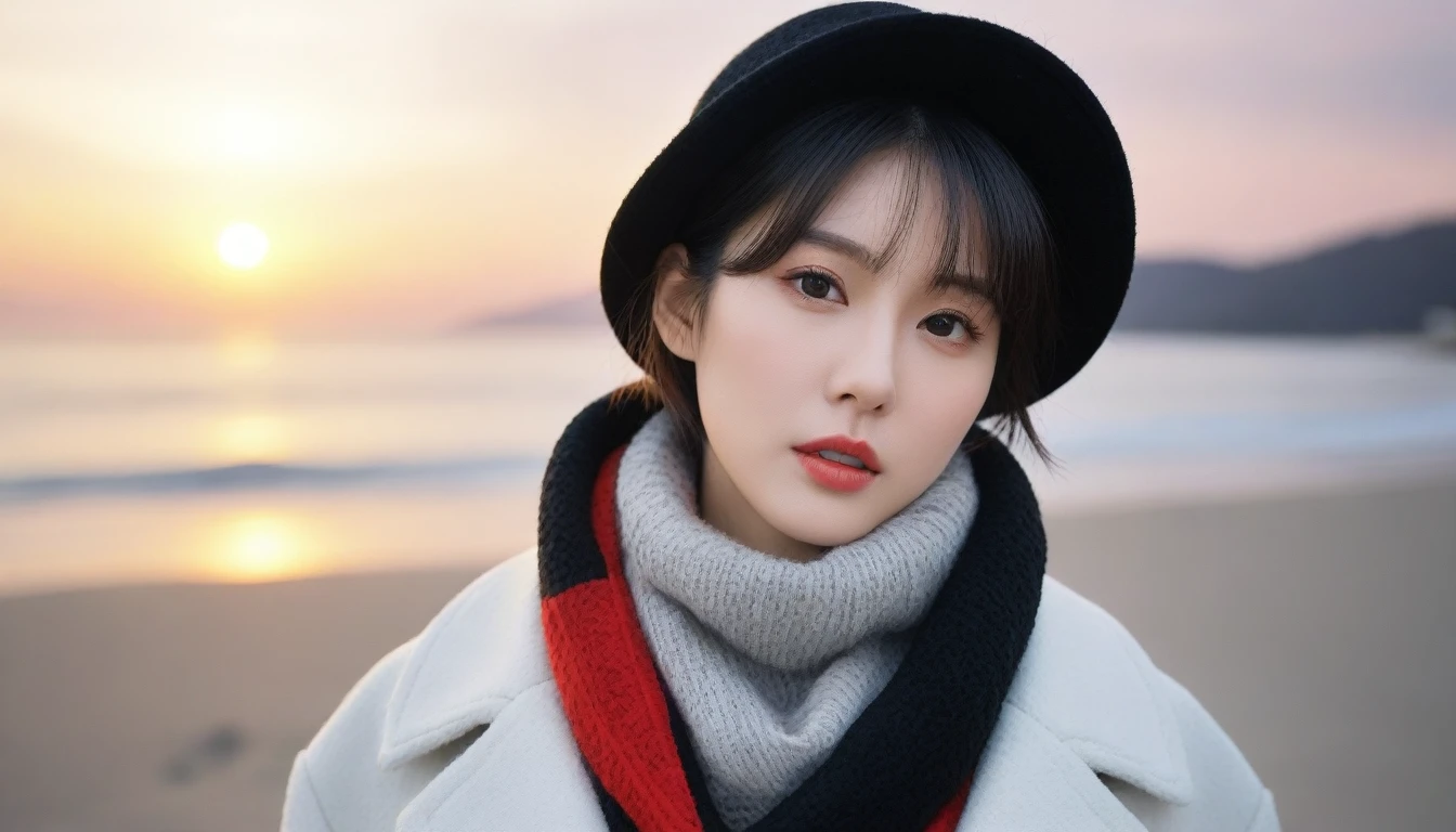 8K, 超high resolution, best quality, masterpiece, surreal, painting,A three-part method, 1 girl, (36 years old:1.3), Pretty Woman, Cute face, Beautiful Eyes in Every Detail,Japanese female announcer,(wearing a long winter coat and scarf、Thin black double sided updo :1.5)、(The girl turned around with a very sad expression., Her short medium hair blowing in the wind on a winter beach:1.5)、(blurred background:1.5)、(red sky at sunset:1.5)、(complete anatomy:1.5)、(full hand:1.3)、(full finger:1.3)、realistic、生painting、tabletop、best quality、high resolution、delicate and beautiful、perfect face、beautiful details、fair skin、real human skin、((thin legs))、bold pose,Super cute supermodel、Please look closely at the camera 、vivid details、detailed、surreal、빛과 painting자,strong light,fashion magazine cover,thin lips, Short hair,1 female camera 16-35 wide angle lens, full body shot
