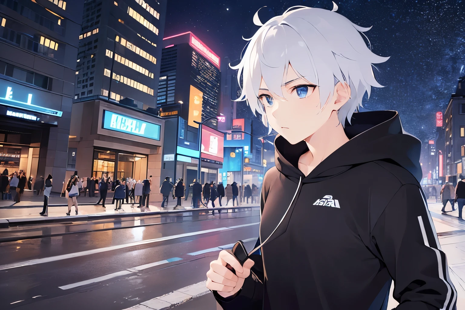 (running:1.5)(looking away:1.5)、upper body、Side shot shiny skin, masterpiece、Highest quality、(25-year-old male:1.5) and (Black short hair) and (blue eyes)
black hoodie,
Background is a park at night、running、Sweat、(Night Sky:1.5),grass、wood、Street lamp