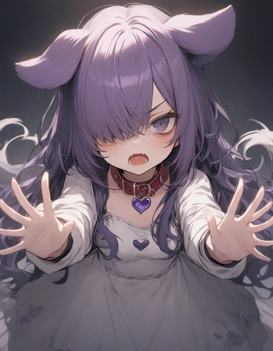 cute dress,angry,open mouth,standing,、、、purple ribbon,,,heart_brooch,{masterpiece), best quality, illustration, (1girl), , expressionless,,, (small breasts:1.2).rib, flat chest, ,,(purple hair:1.25),,bags_under_eyes,, (hair over one eye:1.25),,, , jimiko, long hair,big hair, {{shaded face}},, , {shaded face}, ,1girl, wince,,, darkness, dog ears,dog tail, collar,(raise both hands:1.3), threatening pose, "gao" pose, raise chin,1girl,