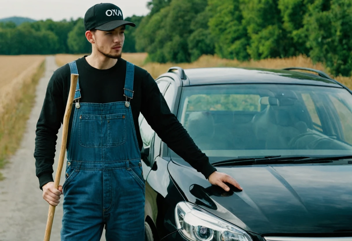 guy wearing work overalls and black cap leaning on car , full body , high quality , 4k , holding stick with his hand putting it on his shoulder