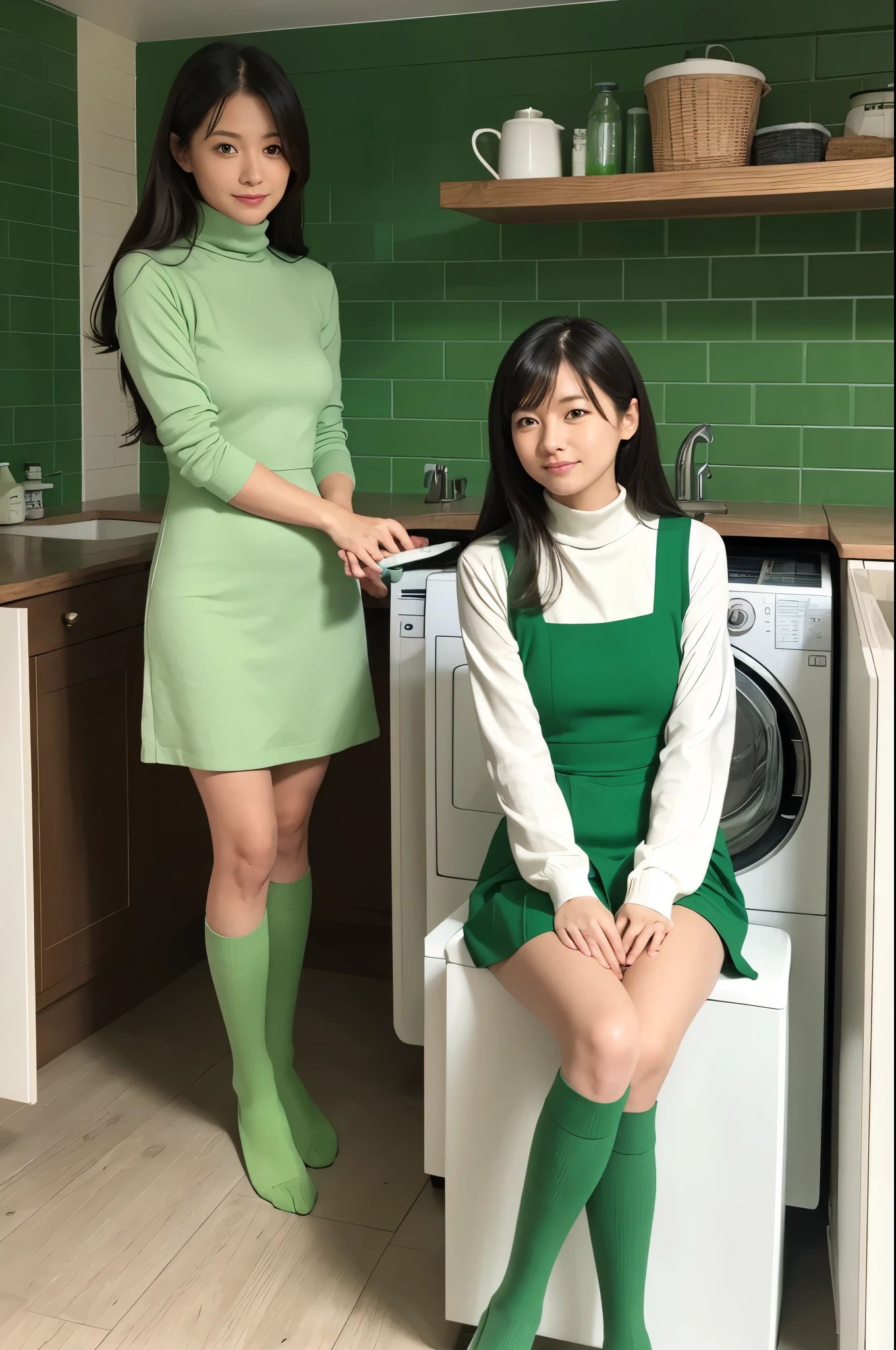 {{{long hair}}},{{{official style}}}
{{{adult}}},green dress,one-piece dress,turtleneck,green mini skirt,{light green cropped jacket},green socks,loafers,wash basin,laundry,kitchen,sink,
