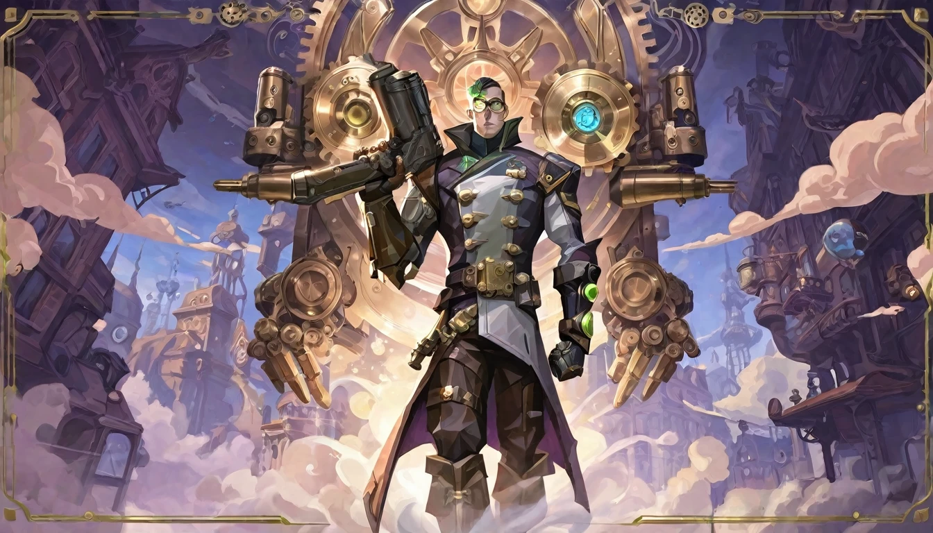 Best aesthetic, Valorant art, A breathtaking steampunk cityscape with towering buildings adorned with gears and steam pipes, airships floating in the sky, and a bustling street filled with people wearing Victorian-era attire with steampunk accessories. Include a central character wearing a leather coat, brass goggles, and mechanical arm, standing confidently with a backdrop of an industrial revolution.