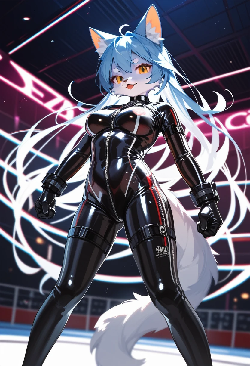 animation, Highest quality, Highest quality, High quality illustrations, masterpiece, Ultra-high resolution, Detailed Background, cyber-, Absurd, Perfect Anatomy, performance, Good lighting, Shadows in the movies(kemono, Furry PersonifiCation), Cat, Rubber suit, latex, neon, neonライト, neonカラー, Racing Suits