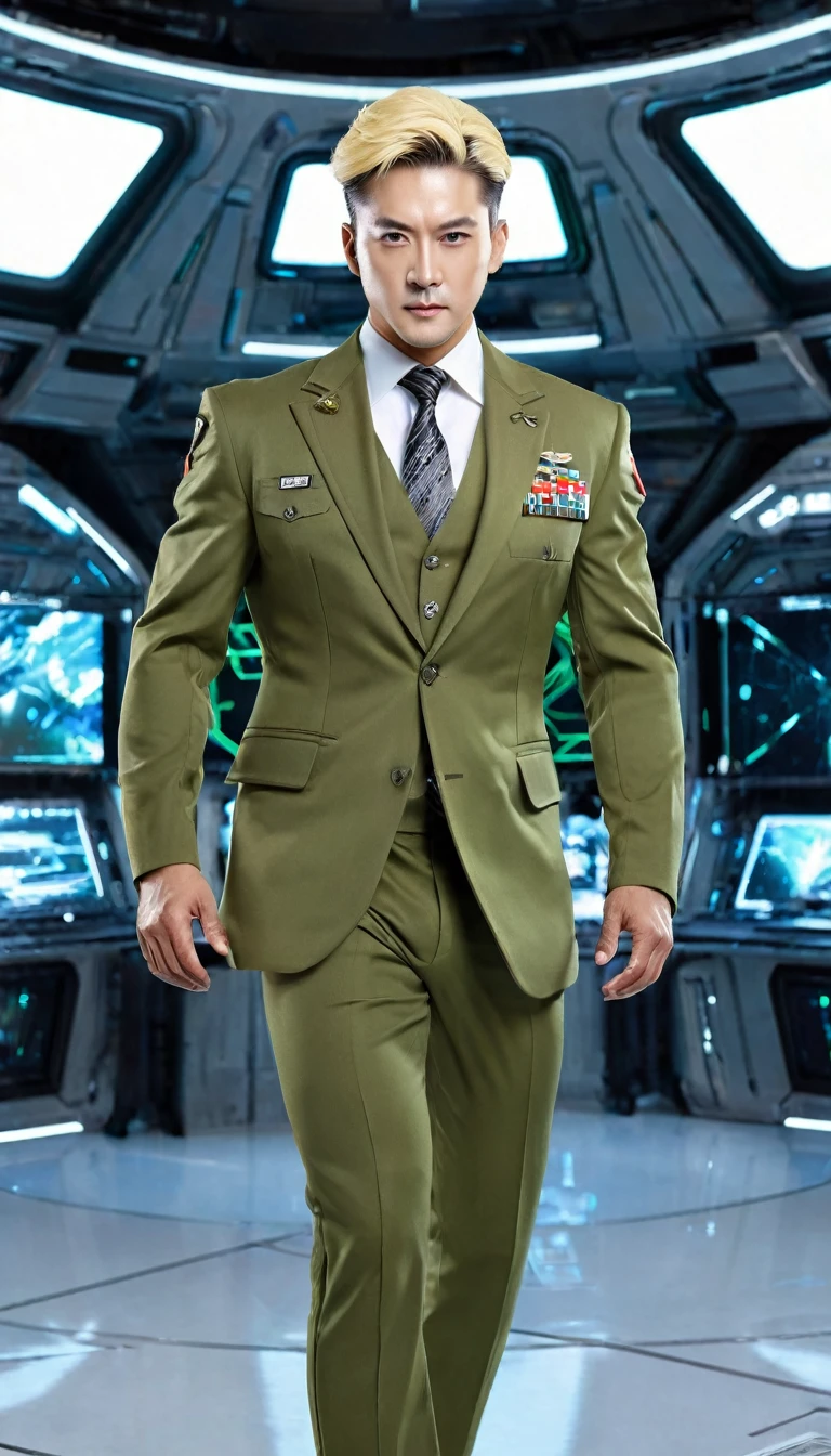 (((Ultra-realistic)))、(((Ultra-futuristic male soldier)))、Handsome male soldier High definition　Realistic　(((mature blonde boy)))、(((Breasts) big)))、Smooth skin、超High resolution、Realistic、Full figure、smile、Handsome middle-aged man、Handsome male soldier 、handsome brown eyes、Long flowing hair 、Very delicate and smooth skin、Former male soldier、(A very futuristic command center.)、 male soldier、(((Large chest)))、Bright green lips、(Wearing a suit fight), ((panoramic shot of boy from head to toe))