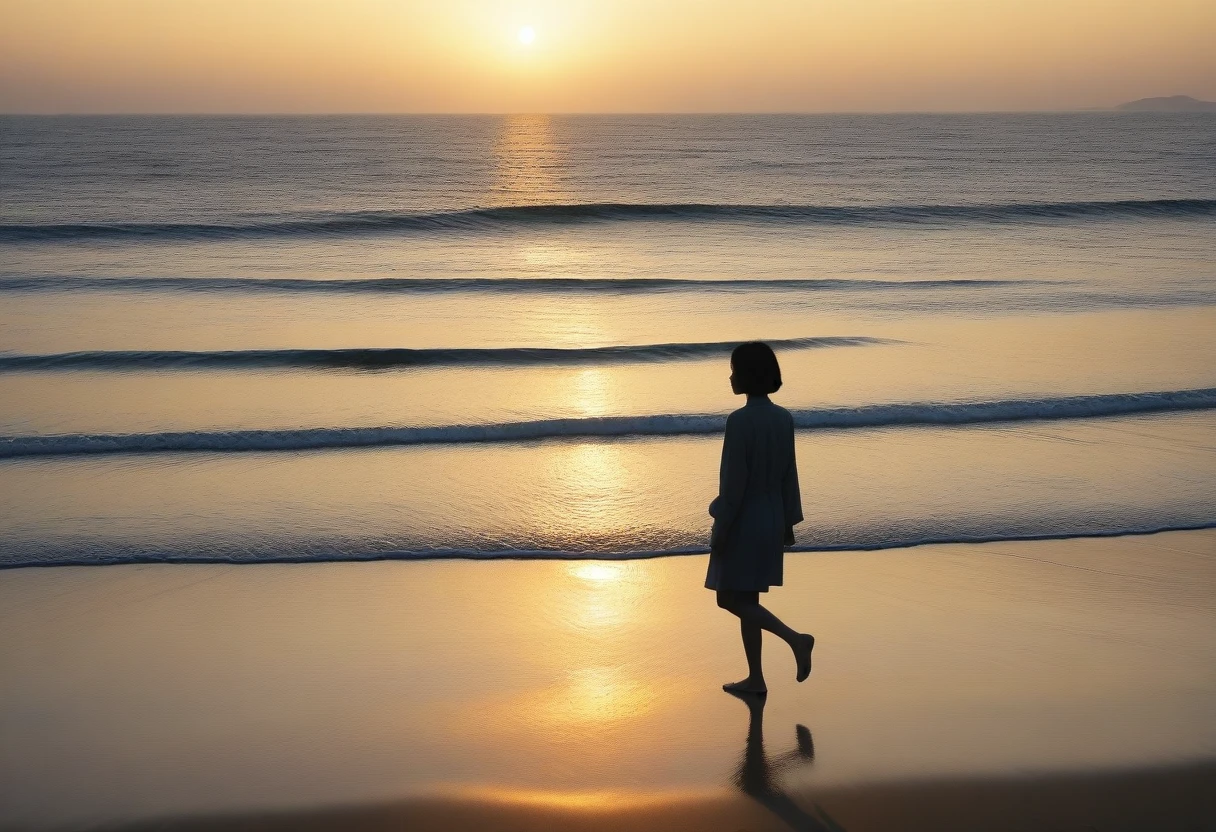 8K, Vivid picture quality, long deserted beach, A woman with short hair walking from afar, sunset의 붉은 빛, sunset, alone, afternoon, depressed, tide가 밀려온다, ocean, tide, wind, short korean girl, 잔잔한 tide