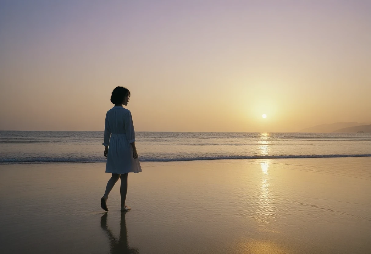 8K, Vivid picture quality, long deserted beach, A woman with short hair walking from afar, sunset의 붉은 빛, sunset, alone, afternoon, depressed, tide가 밀려온다, ocean, tide, wind, short korean girl, 잔잔한 tide