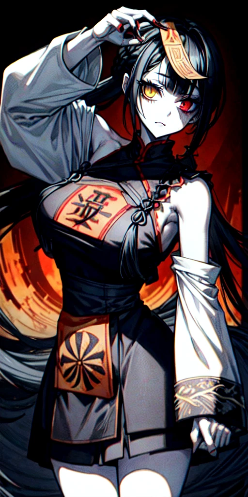 lora:flat:-1.2, masterpiece, best quality, 4k, 8k, 1 woman, solo, pale skin, tall stature, long hair, blunt bangs, side braid, black hair, ugly face, bad face, bad eyes, droopy eyes, unclear eyes, ruby red eyes, lemon yellow eyes, pale skin, black eyeliner, black eye shadow, heterochromia, slender frame, frightened, ofuda, jiangshi costume:1.2, sheath long skirt, China dress, fang, horror, coffin, forest, dark night, stormy weather, fog, from front, cowboy shot, look at viewer, paw pose,