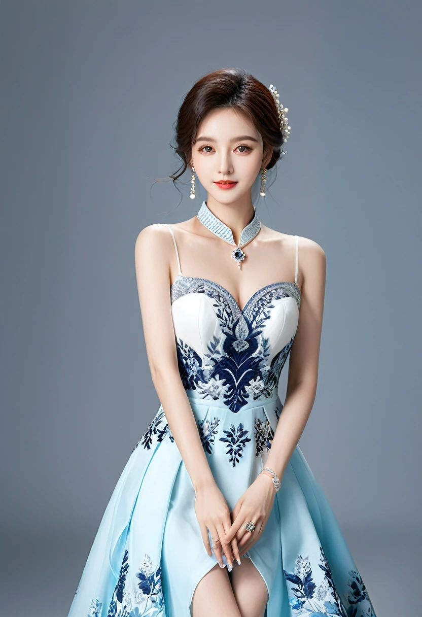 Realistic photo style, whole body 사진에 아름다운 아시아 소녀가 등장합니다., Wearing a unique ethnic style evening gown with delicate skin., bright and lively eyes, Thick eyelashes that look especially attractive. Long dresses are slim and elegant., Eye-catching silver jewelry and alcohol. The high-collar design adds an elegant atmosphere., Color of blue and white porcelain. using light and shadow, The vivid and harmonious appearance of the protagonist is highlighted... whole body, (masterpiece, best quality, professional, perfect composition, very aesthetic, absurd, very detailed, intricate details:1.3)