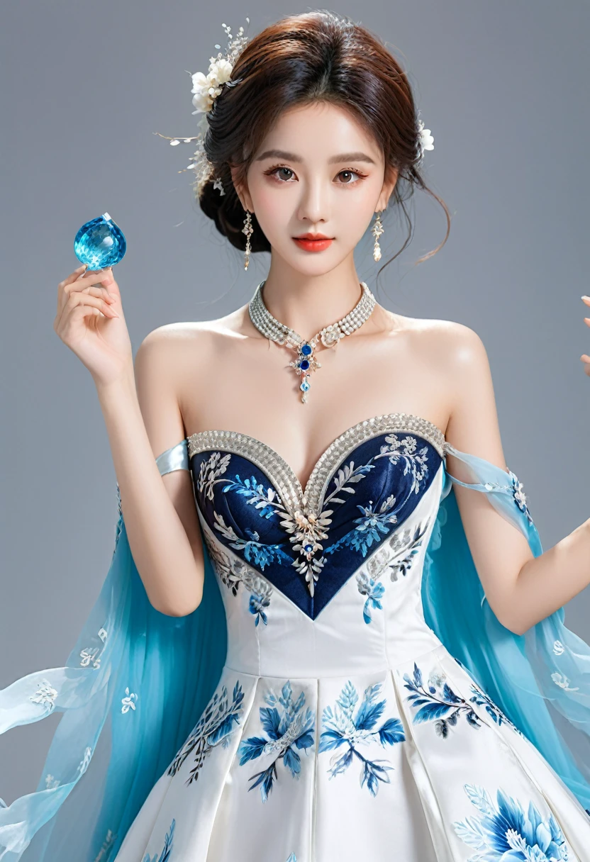Realistic photo style, whole body 사진에 아름다운 아시아 소녀가 등장합니다., Wearing a unique ethnic style evening gown with delicate skin., bright and lively eyes, Thick eyelashes that look especially attractive. Long dresses are slim and elegant., Eye-catching silver jewelry and alcohol. The high-collar design adds an elegant atmosphere., Color of blue and white porcelain. using light and shadow, The vivid and harmonious appearance of the protagonist is highlighted... whole body, (masterpiece, best quality, professional, perfect composition, very aesthetic, absurd, very detailed, intricate details:1.3)