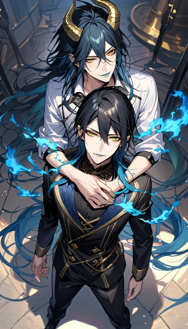 (pieces fly), (highest quality), very detailed, ((two men)), perfect face, beautiful face, very detailed face, (from above:2.0),(black haired man:1.3),(blue haired man:1.3),suit,shirt,smile,flower, (1st boy,Idia Shroud, bishounen, boy, male, extremely long hair, blue hair, blue fire hair, wavy hair, yellow eyes, tired expression, blue lips, handsome, skinny, geeky, blue glow, shark teeth,) (2nd boy, malleus draconia \(twisted wonderland\) horns, bishounen, boy, male, long hair, black hair, yellow green eyes, smile, gray lips, handsome, skinny, tall, yellow green glow,) Two men are hugging each,