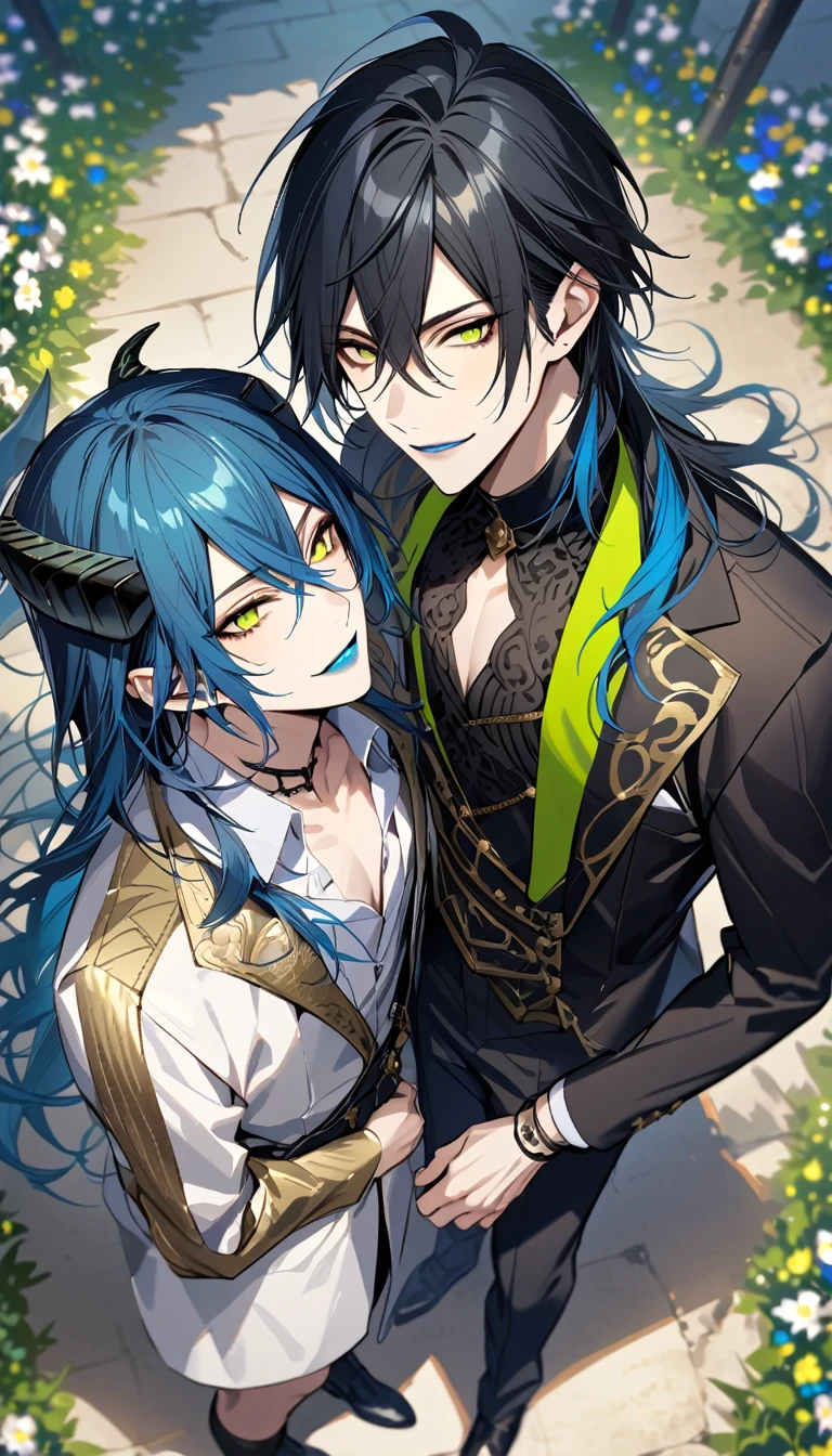 (pieces fly), (highest quality), very detailed, ((two men)), perfect face, beautiful face, very detailed face, (from above:2.0),(black haired man:1.3),(blue haired man:1.3),suit,shirt,smile,flower, (1st boy,Idia Shroud, bishounen, boy, male, extremely long hair, blue hair, blue fire hair, wavy hair, yellow eyes, tired expression, blue lips, handsome, skinny, geeky, blue glow, shark teeth,) (2nd boy, malleus draconia \(twisted wonderland\) horns, bishounen, boy, male, long hair, black hair, yellow green eyes, smile, gray lips, handsome, skinny, tall, yellow green glow,) Two men are hugging each,