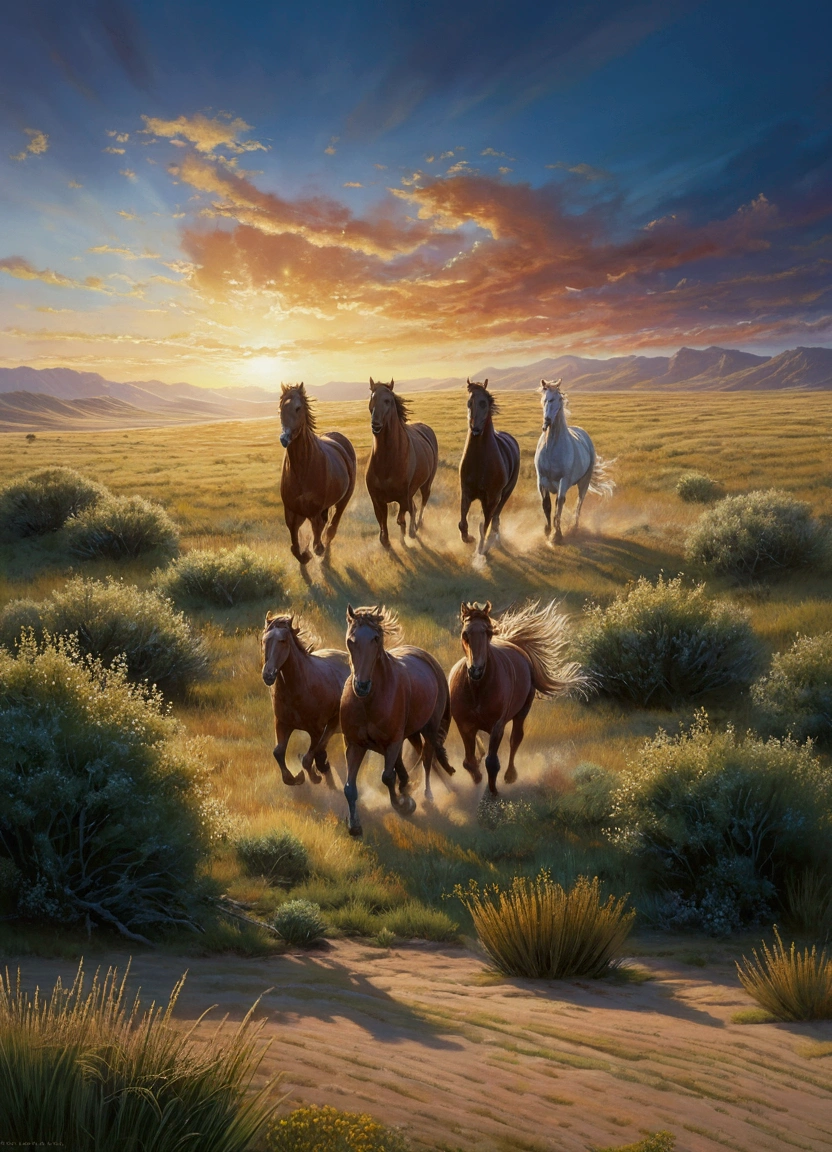 horses running in a field with a sunset in the background, inspired by mark keathley, western art, marc adamus, by Harrington Mann, in the steppe, by mark keathley, by Wayne England, by Brian Thomas, at full stride, by Dennis Ashbaugh, by Doug Wildey, by Randy Gallegos, horses in run,4k