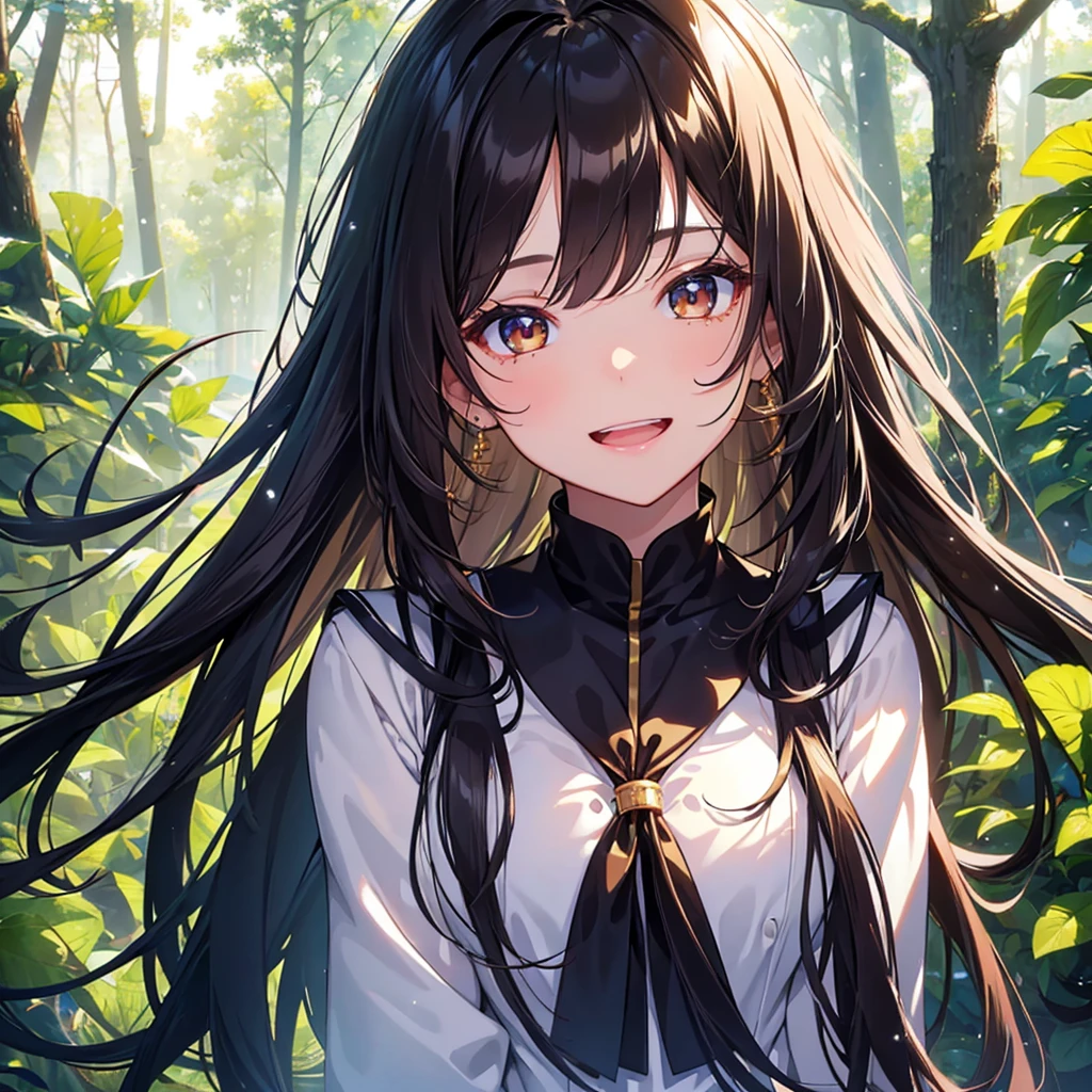 finely detailed beautiful girl, detailed 16k best quality, shiny hair, ultra-detailed beautiful shiny highlight clear eyes focus, beautiful shiny forest background, Long Black Hair、Sailor suit、laughing、Brown eyes、