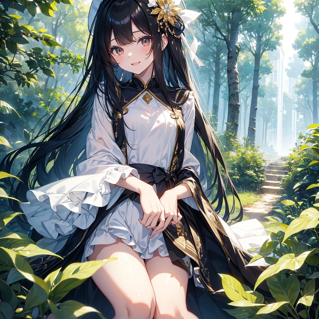 finely detailed beautiful girl, detailed 16k best quality, shiny hair, ultra-detailed beautiful shiny highlight clear eyes focus, beautiful shiny forest background, Long Black Hair、Sailor suit、laughing、Brown eyes、