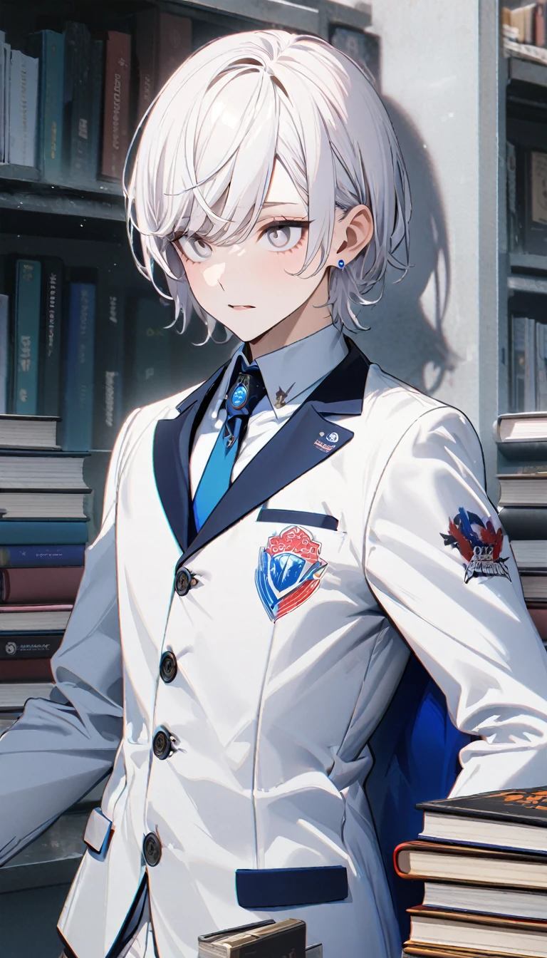 1boy,albino,snow white hair,white eyes,,white blazer with logo ,perfect lean body, books,calm,white beanie,blue earrings,8k,high definition ,