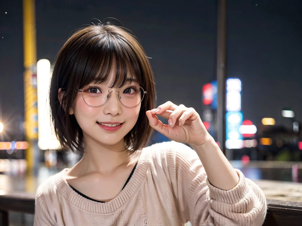 Japan girls in casual clothes、Watch your audience、Tokyo cityscape at night、(top-quality、Master masterpiece)))、HD fine、ighly detailed、Master masterpiece、Movie Lighting、(8K、top-quality、Master masterpiece:1.2)、(realisitic、Photorealsitic:1.37) Hi-Res、Super Detail、Woman with glasses、Silent look、Round glasses、ASİAN, cute little, Cute face, solo, Short hair 1.2, Textured skin, Beautiful smile, Beautiful detailed night sky, night landscape, Movie Lighting, depth of fields, Lens flare light、Dating、(blush nose)、、(Mouth closed)tiny chest、Beautiful eye for detail、(Sweaters:1.1)、(Short hair:1.2)、Floating hair Nova frog style、