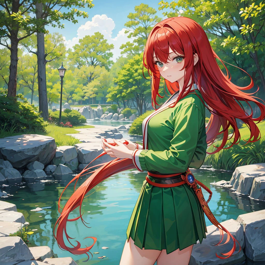 anime girl with red hair and green skirt posing for the camera, an anime drawing by Kentaro Miura, pixiv, shin hanga, seductive anime girl, anime moe artstyle, anime best girl, anime visual of a cute girl, ecchi anime style, anime monster girl, anime girl, shirabii, rei hiroe, anime goddess