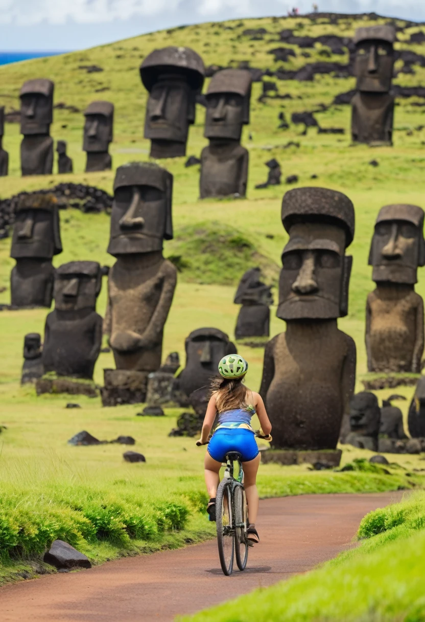 a girl rides a bicycle, in running shorts, short shorts, moai in the background on Easter Island
