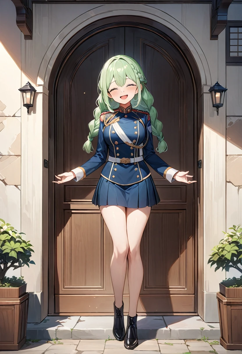 (masterpiece, top quality, very aesthetic, 4k、illustration), intricate detail, 1girl,Standing in front of a wall、(full body)、happy smile、Open mouth、closed eyes、(braid hair)、
Cute 、light green hair、,middle hair,sidelock ,,blue eye、Military uniform、Tight skirt、,medium breasts、Slim 、