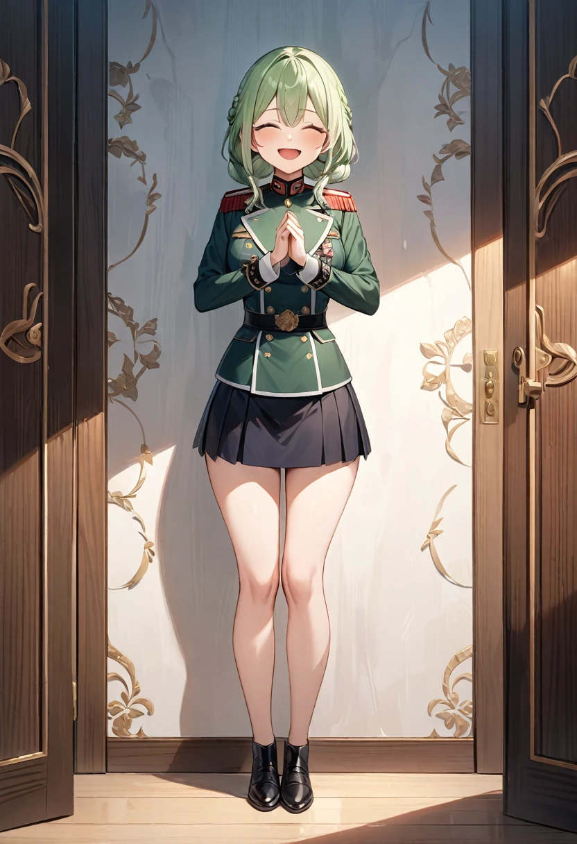 (masterpiece, top quality, very aesthetic, 4k、illustration), intricate detail, 1girl,Standing in front of a wall、(full body)、happy smile、Open mouth、closed eyes、(braid hair)、
Cute 、light green hair、,middle hair,sidelock ,,blue eye、Military uniform、Tight skirt、,medium breasts、Slim 、