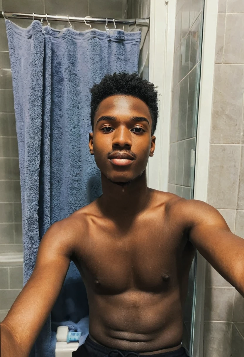 Jeune homme noir 21 ans selfie salle de bain en caleçon
