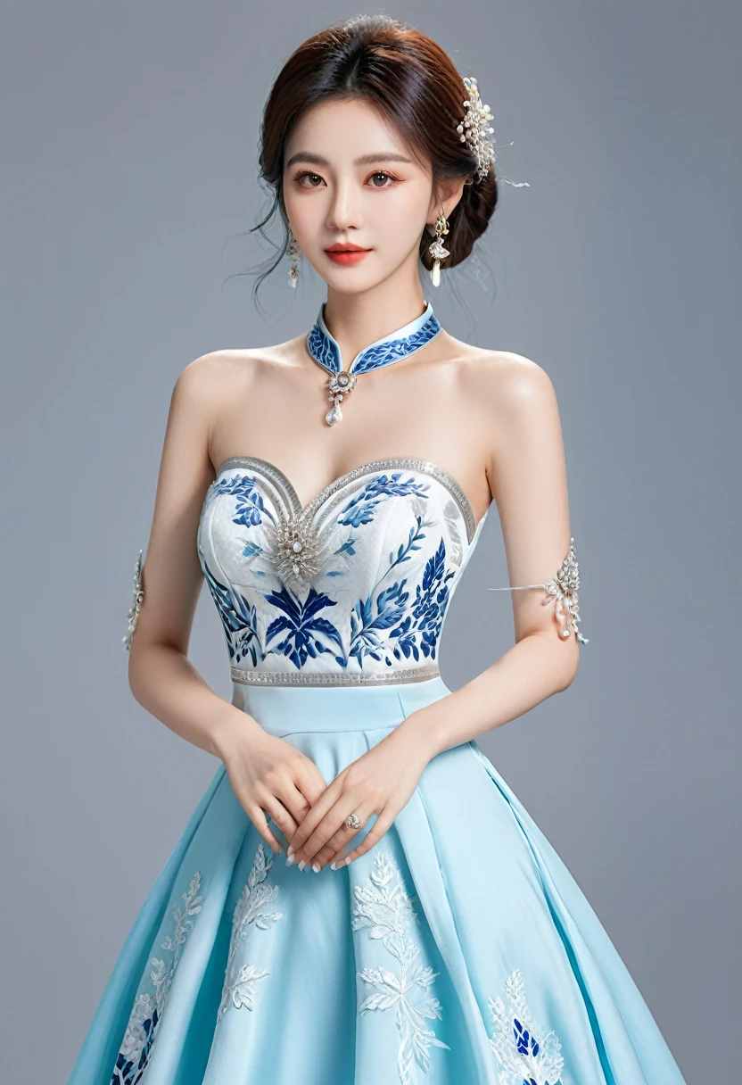 Realistic photo style, whole body 사진에 아름다운 아시아 소녀가 등장합니다., Wearing a unique ethnic style evening gown with delicate skin., bright and lively eyes, Thick eyelashes that look especially attractive. Long dresses are slim and elegant., Eye-catching silver jewelry and alcohol. The high-collar design adds an elegant atmosphere., Color of blue and white porcelain. using light and shadow, The vivid and harmonious appearance of the protagonist is highlighted... whole body, (masterpiece, best quality, professional, perfect composition, very aesthetic, absurd, very detailed, intricate details:1.3)