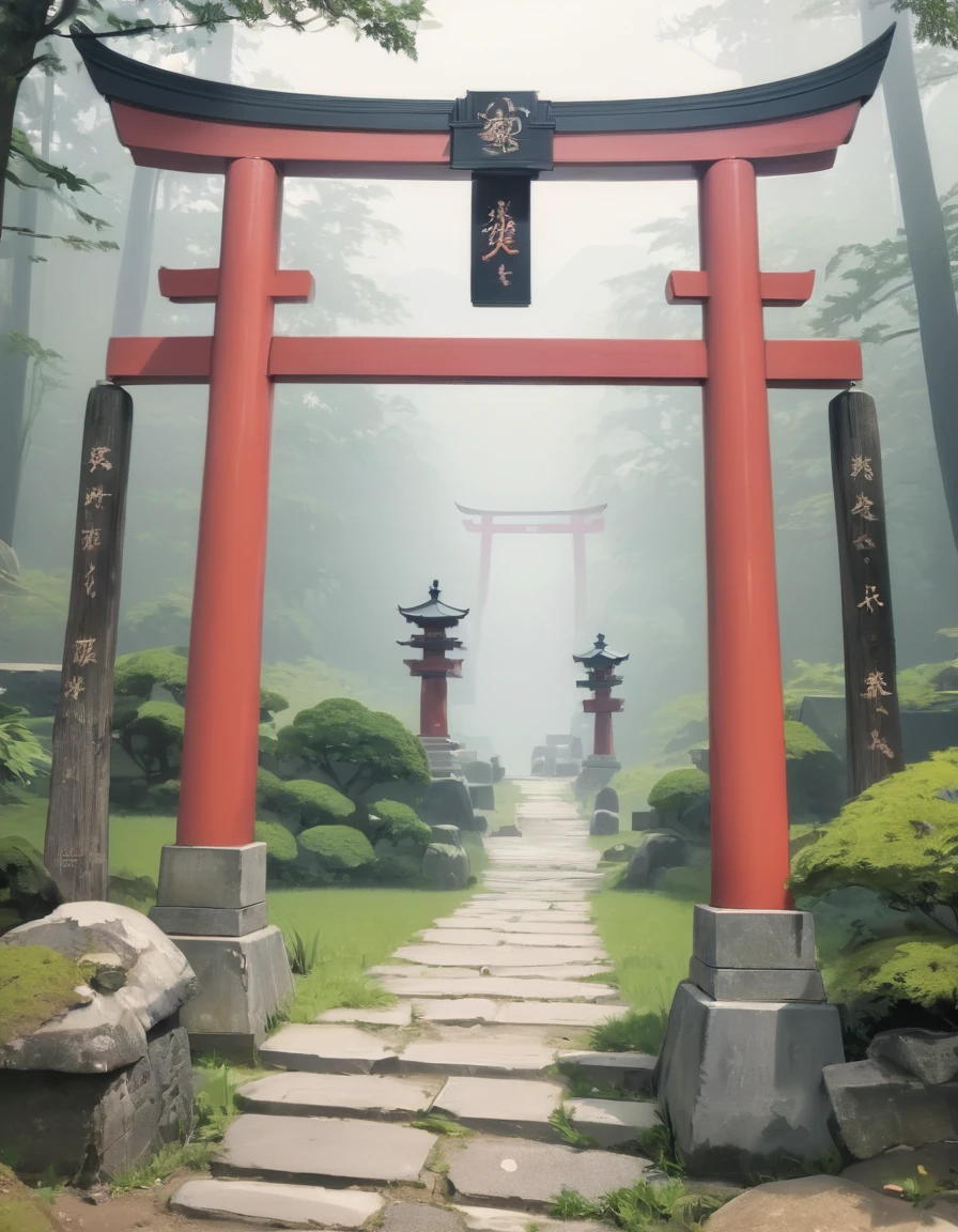 There is a path leading to the forest gate., Magical realm, near a 日本のshrine, 日本のshrine, Beautiful images, In the Japanese garden, Japanese Temples, heaven, wood々A torii gate in the mountains with, heavens, shrine, Quiet and peaceful atmosphere, Mysterious setting, centered torii gate, With garden