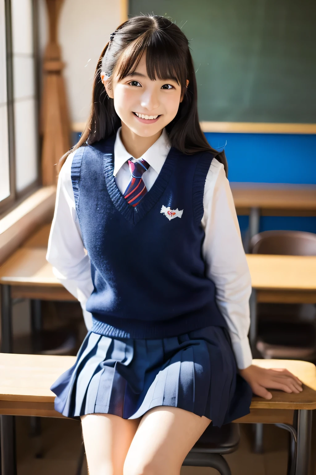 ((masterpiece)), Japanese, (girl), (18-year-old), (((school uniform))), smile, indoor, Dark blue knit vest, Thighs,