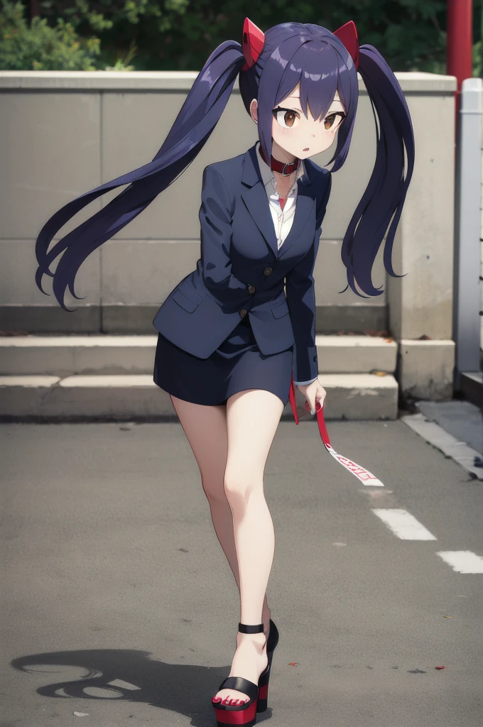 masterpiece, best quality, highres, aawendy, long hair, twintails, hair ornament, business suit, full body, red nails, platform high heels, collar, leash attached to collar