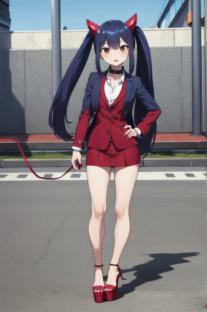 masterpiece, best quality, highres, aawendy, long hair, twintails, hair ornament, business suit, full body, red nails, platform high heels, collar, leash attached to collar