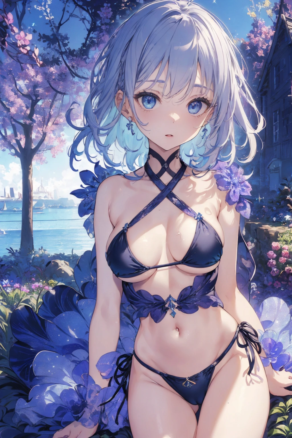 (nano bikini photo:1.1, saggy breat:1.1, in blue waterfront garden:1.5), Masterpiece, best quality, (very detailed CG unity 8k wallpaper), (best quality), High definition RAW color art, Animation,sculptures, (black Marble Skin), (((Ultra detailed elegant))), Magical atmosphere, Detailed skin, Texture,(Intricately detailed, Fine detail, ultra-detail art), depth of fields, bokeh, Silky Touch, Hyper Detail, beautiful eyes, Elegant Face, (lying on blue waterfront), sparkle background, enormous breast:1.3, (silver hair), pastel purple, embarrassing face, wide open udder, short hair, Areola