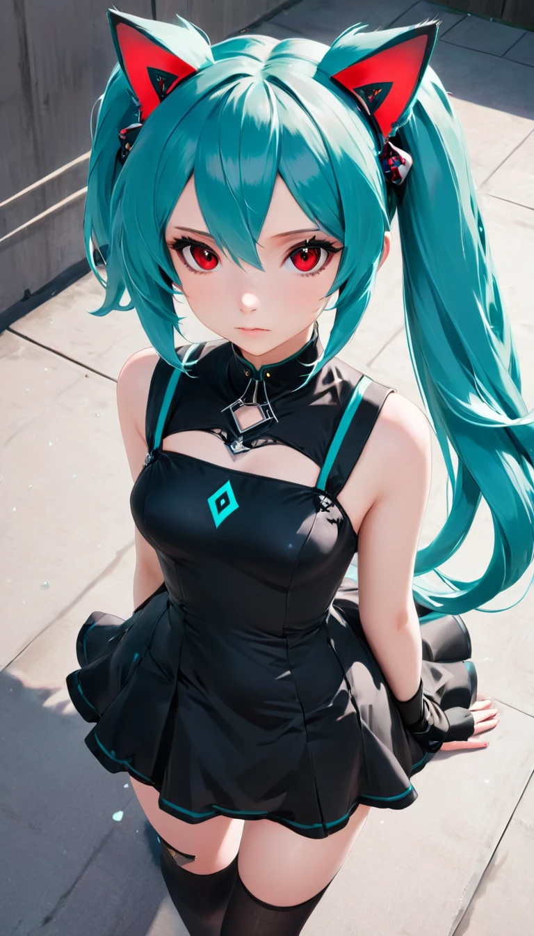 Hair match, piercing, tattoo, godo_punk, single woman, solo, highest quality, photographer, super high quality illustration, attractive anime girl, (black mini dress exposure: 1.4), Gothic Lolita, Hatsune Miku, thin hair, high hair, (red hair: 1.4), girl, girl photo, thin waist, full hair Toma, detailed beautiful eyes: 1.4, transformation, piercing, hair match, jewelry, Hatsune Miku, close-up perspective camera view from above, cat pose (Aerial: 1.4), Real Motor: 1.4, UHD, Best Quality: 1.4, Cameraman: 1.4, Face Texture: 1.4, Work Maestra: 1.8, (Details: 1.4)