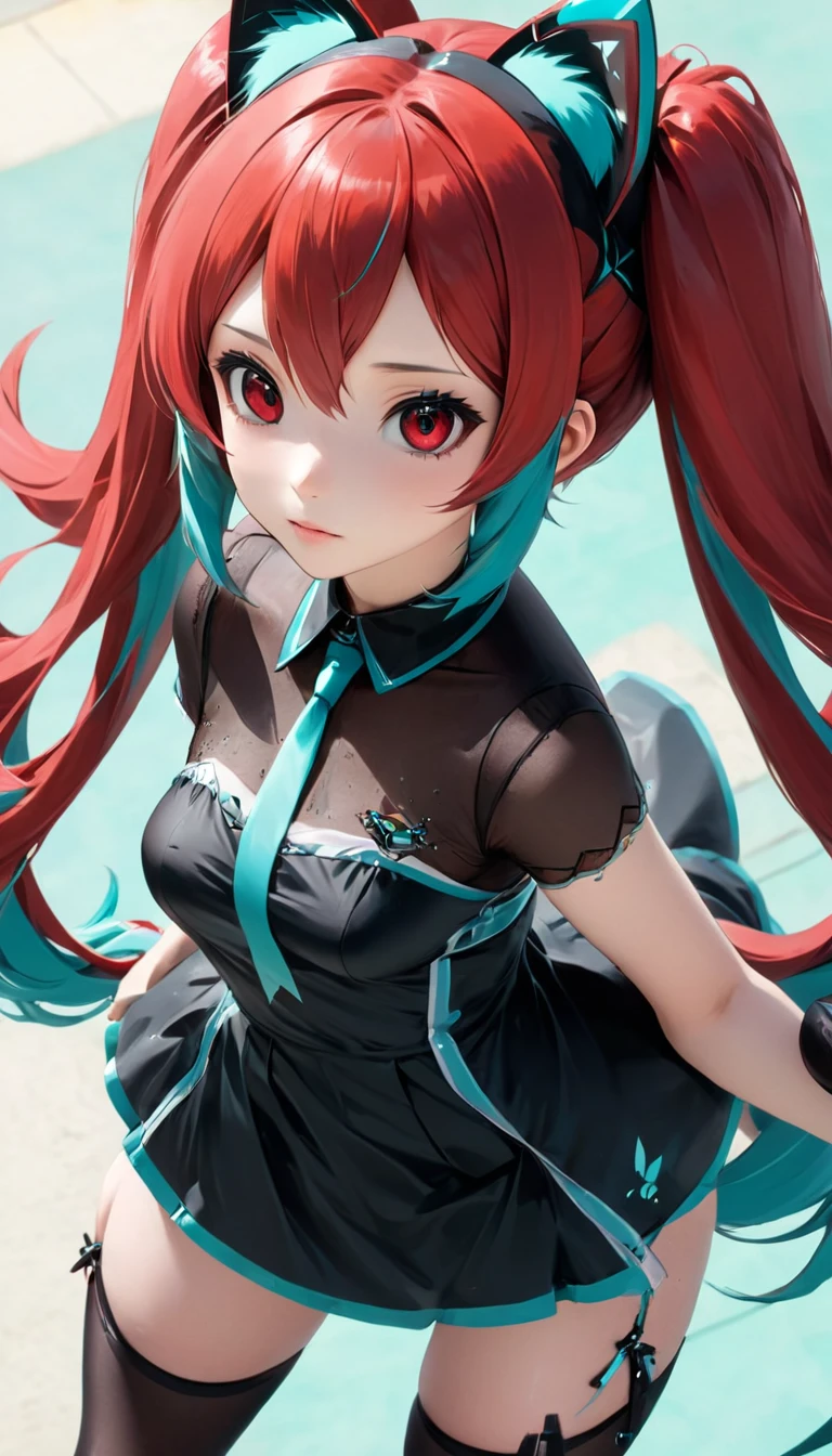 Hair match, piercing, tattoo, godo_punk, single woman, solo, highest quality, photographer, super high quality illustration, attractive anime girl, (black mini dress exposure: 1.4), Gothic Lolita, Hatsune Miku, thin hair, high hair, (red hair: 1.4), girl, girl photo, thin waist, full hair Toma, detailed beautiful eyes: 1.4, transformation, piercing, hair match, jewelry, Hatsune Miku, close-up perspective camera view from above, cat pose (Aerial: 1.4), Real Motor: 1.4, UHD, Best Quality: 1.4, Cameraman: 1.4, Face Texture: 1.4, Work Maestra: 1.8, (Details: 1.4)