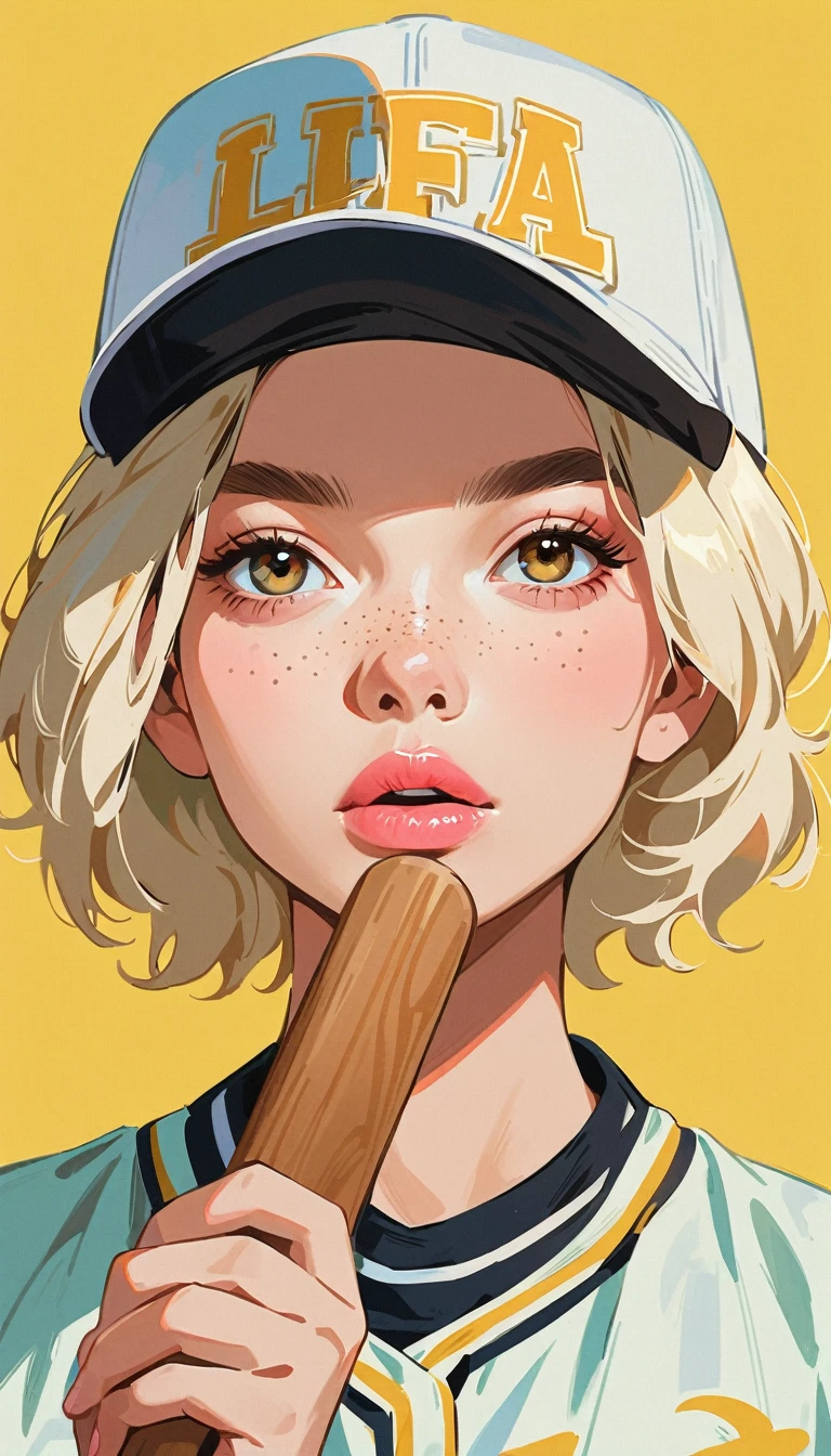 (masterpiece、Highest quality)、1 girl、Lonely、Anime Style、Blonde、Pink Lips、Freckles、Baseball cap、Baseball Uniforms、In the style of a leading portraitist、Yellow background。Holding a wooden bat、whole body